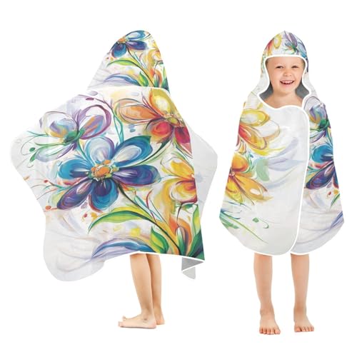 Kigai Colorful Flowers Hooded Beach Towel for Kids Soft Absorbent Quick Dry Bath Towel with Hood Lightweight Toddler Shower Pool Bath Wrap for Boys Girls