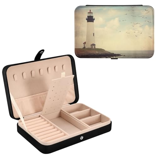 Haskirky Vintage Lightghouse Jewelry Box Portable PU Leather Travel Jewelry Organize for Women Jewelry Storage Display Holder for Ring, Necklace, Earring