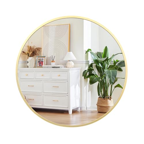 Round Mirror, 36 Inch Gold Bathroom Mirror for Over Sink, Mirrors with Metal Frame, Large Stylish Round Mirrors, Wall Mirror for Bathroom, Entryway, Vanity, Bedroom