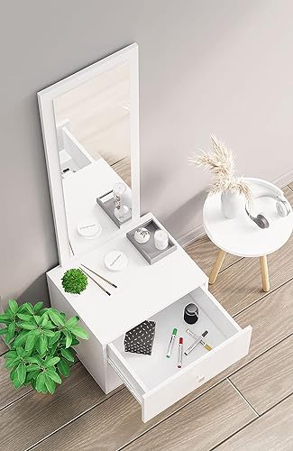 Image of Bniture Wooden Dressing Table for Bedroom with 1 Drawer, Mirror and Huge Storage Space | Long Dresser Vanity Table with Mirror (42D x 60W x 180H CM) (Frosty White, HXDR105)