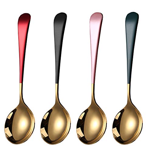 Spoons, 18/10 Stainless Steel Round Head Spoons, Modern and Fashionable Thick Short handle 304 Stainless Steel Korean Spoon, Used for Soup, Grain, Dessert, Fruits, Milk Tea, Coffee, Set of 4