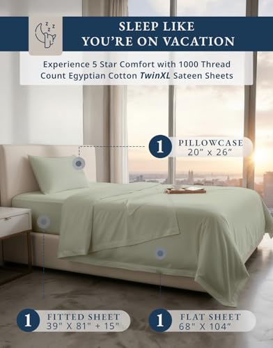Image of LANE LINEN Sheets for Twin XL 100% Egyptian Cotton Sateen - Mineral
