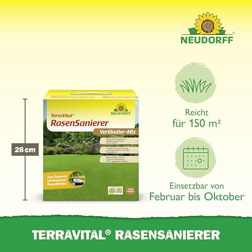 Neudorff TerraVital RasenSanierer – Vertikutier-Mix für 150 m² zur Neuanlage und Ausbesserung lückenhafter Rasenflächen nach dem Vertikutieren, schnellkeimend, 4,5 kg