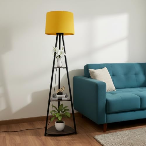 Image of Tripod Metal Floor Lamp with Shelves Stylish Standing Lamp for Living Room Decoration Bedroom Corner Stand Aesthetic Home Decor (Fresh Yellow) LED Bulb Included