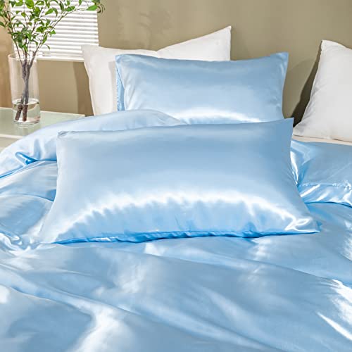 Satin Bedding Silk Like Baby Blue Duvet Cover Set Luxury Silky Blue Comforter Cover Sexy Silky Bedding Sets Twin 1 Duvet Cover 1 Pillowcase (Twin, Blue) #TOP3