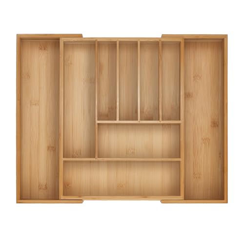 Relaxdays Cubertero, 7-9 Compartimentos, Organizador de Cubiertos Extensible, Cajón, 5x29,5-47,5x38 cm, Bambú, Natural
