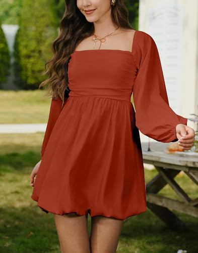 Image of HYPERFIRE Women's Square Neck Long Sleeve Bubble Mini Dress Pleated Smocked A Line Wedding Dresses