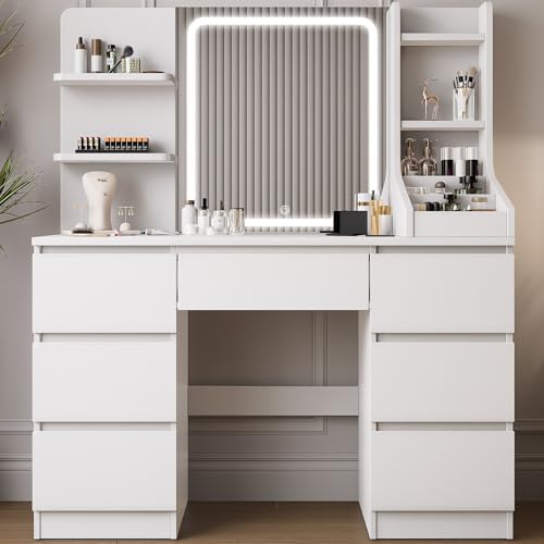 TRIUMPHKEY Tocador de Maquillaje Grande con Espejo LED de 3 Tonos, Brillo Ajustable, Tocador Moderno con 4 Estantes y 7 Cajones, Mesa de Maquillaje con 3 Compartimentos Abiertos, Blanco