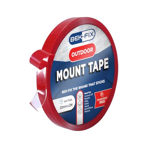 BEK-FIX® Mounting Tape, Heavy Duty Double Sided Mount Tape, Waterproof Adhesive for Brick, Glass & Metal, No Screws, Nails or Glue Needed, Indoor & Outdoor use. 1mm x 20mm x 2M
