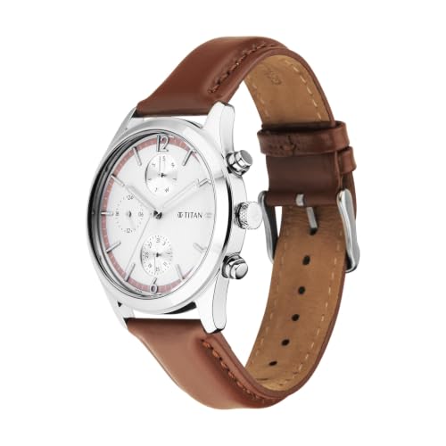 Image of Titan Multifunction Classique Silver White Round Dial Dark Brown Colour Stainless Steel Strap Mens Watch - 10026SL02
