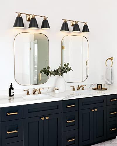 Image of 23-Inch 3-Light Black and Gold Farmhouse Bathroom Vanity Light | Metal shades, white interiors, 3 E26 sockets (60W max, no bulbs), dimmable, ETL listed, hardware, for mirror & bedroom