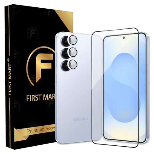 Image of FIRST MART Tempered Glass for Samsung Galaxy S25 5G with Blue Camera Ring Guard & Installation Kit | HD Clear Edge-to-Edge Screen Protector, Scratch Resistant, Case-Friendly | Pack of 1