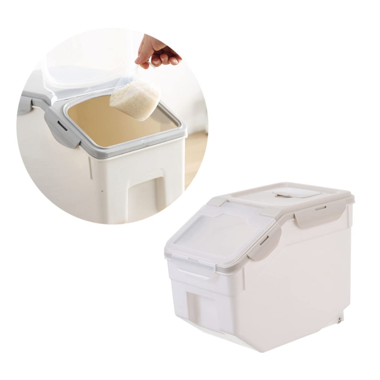 POPETPOP Pet Food Storage Container Moisture Dustproof Dog Food Dispenser with Measuring Cup for Indoor Outdoor Use Durable Beige with Snap Tight Lid Easy Mobility with Wheels