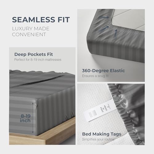Image of THREAD SPREAD 100% Egyptian Cotton Damask Sheets Queen Size - Luxury 1500 Series Queen Sheet Set Egyptian Cotton (4 PC, Dark Grey Stripe), Silky Soft, Sateen & Cooling, 17 inch Deep Pocket Bed Set
