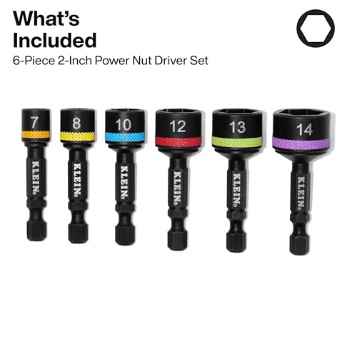 Image of Klein Tools 32926SM 2-Inch Magnetic Power Nut Setters, Compact Impact Driver Set, Color-Coded, Metric, Impact-Rated, 6-Piece