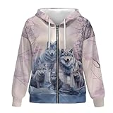 Showudesigns Wolf Zip Up Jackets for Women XL Hooded Sweatshirts Full Zip Hoodies Lightweight Pullover Shirts Top Outfits Yoga Clothing Activewear Long Sleeve Sweater Thin Coat