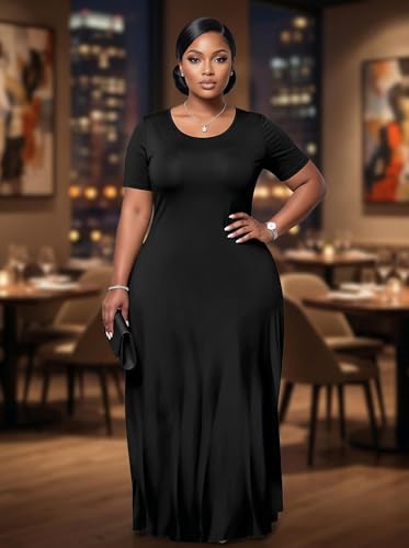 Image of SUZONANA Plus Size Maxi Dress for Curvy Women Summer Casual Sundress Short Sleeve Loose Vacation Dress