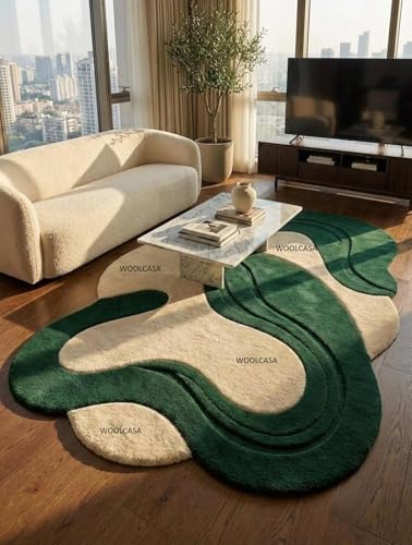 Image of Hand Tufted Wool Rug 6x8 Ft - Modern Irregular Shape Aesthetic Carpet, 1 Inch Thick Pile, Anti-Skid Backing, Soft Handmade Woolen Area Rug for Living Room, Bedroom, Hall Decor