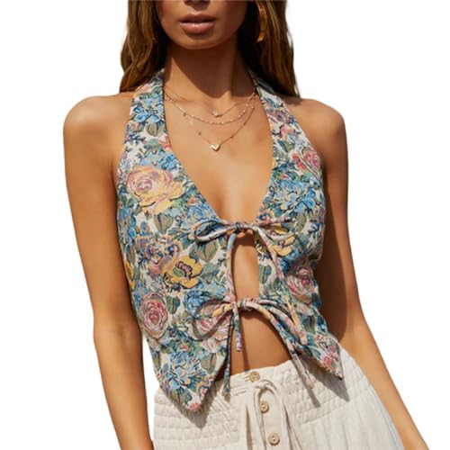 Women's Summer Sleeveless Y2k Tops Halter Neck Tie Front Retro Floral Print Sexy Backless Crop Tank Tops Vest