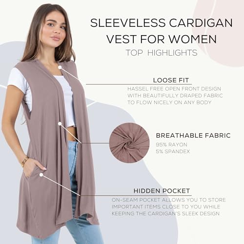 Image of Azules Sleeveless Long Cardigan for Women with Pockets - Lightweight Open Front, Flowy Dressy Layer for Work or Casual Wear