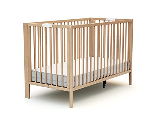 AT4 - Lit bébé Pliant 60x120 Essentiel Hêtre Verni | 124 x 64 x 82 cm | Lit Pliable | Sommier réglable 2 Niveaux intégré au lit (Beige, Lit bébé)
