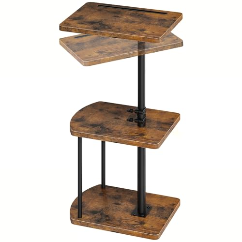 HOOBRO 3-Tier Side Table, Adjustable Height Sofa Table, C Shaped Side Table with 360° Swivel Tabletop and Tablet Slot, Small Table Bedside Table for Small Spaces, Rustic Brown and Black EBF35SF01