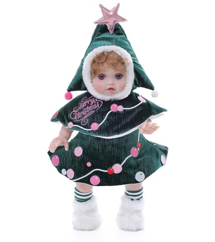 Cloveray Baby Dolls, 18 Inch Realistic Reborn Full Vinyl Baby Doll with Curly Hair, Hand-Painted Lifelike Details & Cozy Christmas Outfit for Girls Ages 3+ (Green)