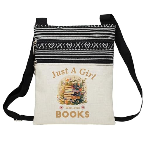 Just Love Books Messenger Bag Small Ethnic Pattern Printed Adjustable Strap Crossbody Zipper Bag Phone Bag Wallet Cute Shoulder Handbag for Book Lovers Bookworms Women
