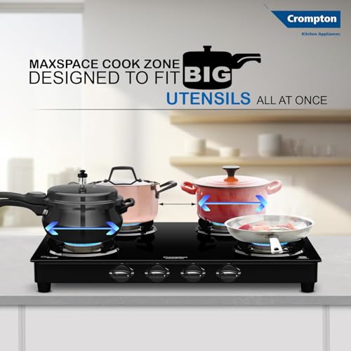 Crompton FlameStar Max 4 Burner Glass Top LPG Gas Stove | 1 Jumbo & 3 Medium Brass Burner | Max Space | Easy Cleaning | Toughened Glass| Tri Pin... - Image 4