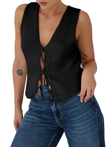 Yousify Womens Sweater Vests Tie Front Knit Vest Summer Ribbed Tank Tops Y2k Cute Vests Fashion Casual Sleeveless Tops