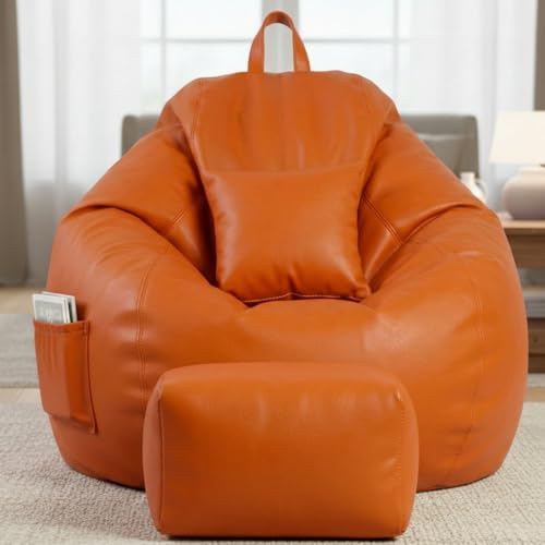 Image of KAM'S LIEU 5XL Luxury Faux Leather Bean Bag with Footrest & Cushion | Pre-Filled High-Density Polystyrene Beans | Premium Leatherette | 6 Months Warranty Color- (Orange, Without Footrest)
