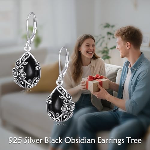YFN Black Obsidian Sunflower Dangle Drop Earrings for Women 925 Sterling Silver Vintage Teardrop Earrings4