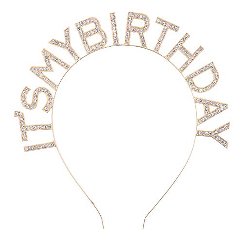 Coucoland Happy Birthday Crown Headband Crystal Rhinestone Princess Birthday Headpiece It Is My birthday Headband for Women (Crystal My Birthday-Gold)