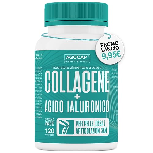 Collagene e Acido Ialuronico. Collagene idrolizzato, 120 compresse arricchite con Coenzima Q10. Collagene integratore, 1000mg con Acido ialuronico compresse per pelle, ossa e Articolazioni, Agocap