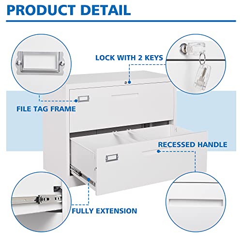 Bynsoe 2 Drawer Lateral File Cabinet Metal Filing Storage Cabinet With Lock Office Home Steel File Cabinet For A4 Legal/Letter Size File Cabinet Locked,Assembly Required (2 Drawer, White) #TOP6