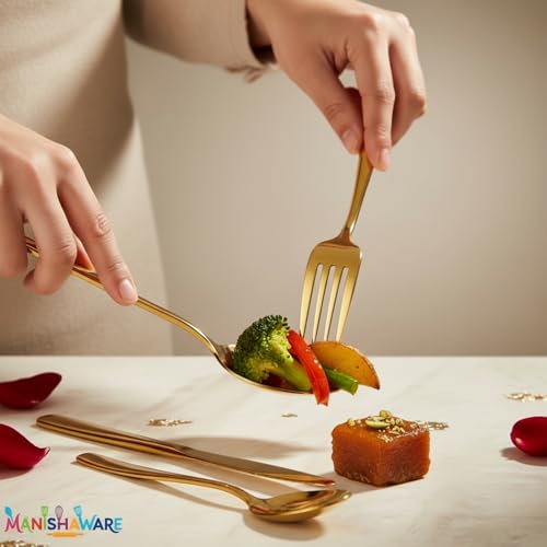 Image of Mirror Polished Gold 16 Pcs Stainless Steel Cutlery Set for Dining Table, Dishwasher Safe Glossy Flatware (4 Spoon Set + 4 Forks Set + 4 Butter Knife + 4 Dessert Spoon)