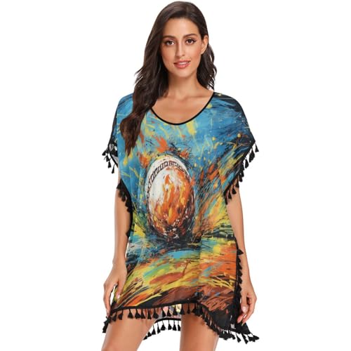 Watercolor Art Kickball Women's Beach Cover Up Chiffon Tassel Swimwear Swimsuit Coverups for Girl