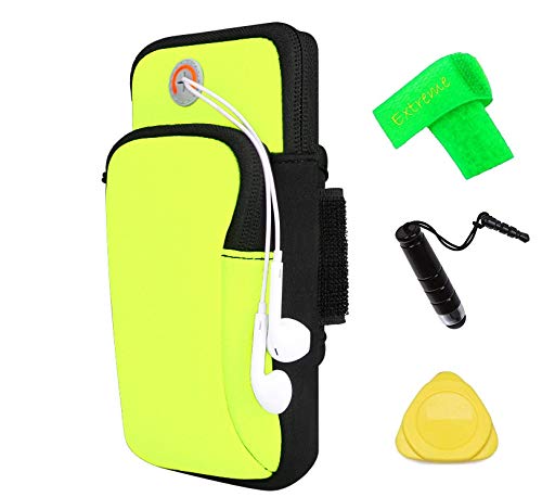 for ZTE Blade T2 Lite Z559DL Sports Camping Hiking Armband Case Cover Running Jogging Arm Band Pouch Holder + Extreme Band + Stylus Pen + Pry Tool (Neon)
