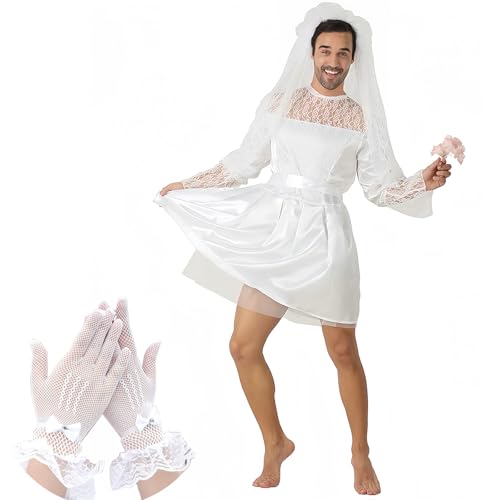 MYMG Costume d'Halloween et de carnaval pour homme - Robe de mariée - Costume de mariée - Pour enterrement de vie de jeune fille - Blanc - Taille unique