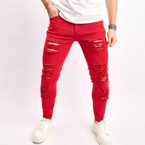 Jeans Pants Trousers Denim Stretch Slim Fit Perforated Trendy Street Worn Hole Red Retro White Tapered Casual Tight for Men2