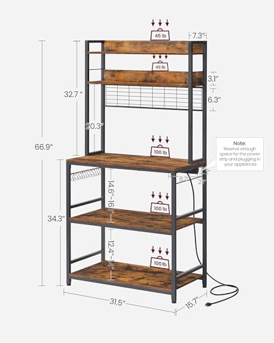 Image of VASAGLE Bakers Rack with Power Outlet, Microwave Stand, Kitchen Tall Utility Storage Shelf, with Metal Wire Panel, 14 Hooks, 15.7 x 31.5 x 66.9 Inches, Rustic Brown and Ink Black UKKS025B01