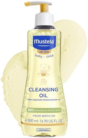 Mustela Aceite de Baño Limpiador Perséose de Aguacate BIO, Cuerpo y Maquillaje, Bebé y Toda la Familia - No quema los ojos, Específico para Pieles Secas, 98% Ingredientes de Origen Natural (500ml)