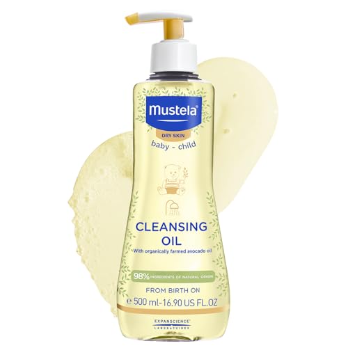 Mustela Aceite de Baño Limpiador Perséose de Aguacate BIO, Cuerpo y Maquillaje, Bebé y Toda la Familia - No quema los ojos, Específico para Pieles Secas, 98% Ingredientes de Origen Natural (500ml)