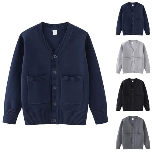 Boys Girls V-Neck Cardigan Sweater Kids School Uniform Jacket Basic Plain Soft Button Down Knitted Sweater Cardigan