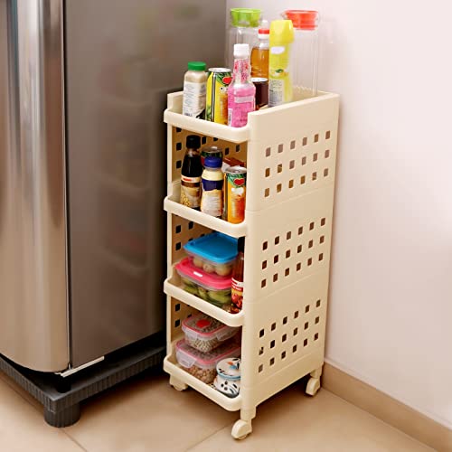 ABOUT SPACE Kitchen Trolley with Wheels - 4 Layer Plastic Storage Organizer Vertical Grid Design Multipurpose Rack Shelf Onion & Potato Stand,Sabaji Basket for Home, Bathroom,Living Room,Office,Bedroom,Kitchen-(2.5 Feet, Ivory)