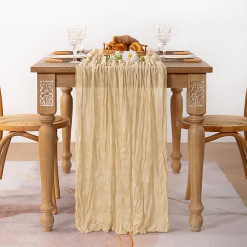 Image of MLMC Champagne Cheesecloth Table Runner 10ft Sand Rustic Gauze Cheese Cloth Table Runner 35x120 Inches for Farmhouse Cozy Holiday Outdoor Events Home Decor