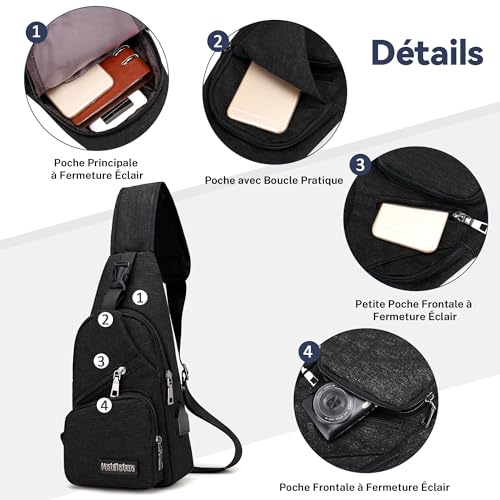 Sac à dos imperméable polyester noir type sling bag crossbody homme