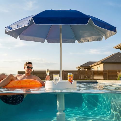 PASAMIC 7FT Floating Table Umbrella with Base & Cup Holder, Portable Pool Umbrella for Inside of Pool, Floating Poolside Shade Include Easy Carry Bag for Swimming Area, Beach, Lake House, Dark Blue
