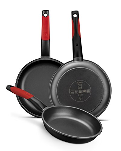 BRA Premiere | Set mit 3 Bratpfannen aus antihaftbeschichtetem Aluminiumguss, geeignet für alle Herdarten, einschließlich Induktion, Schwarz mit rotem Silikon, 18|22|26 cm BRA Premiere | Set mit 3 Bratpfannen aus antihaftbeschichtetem Aluminiumguss, geeignet für alle Herdarten, einschließlich Induktion, Schwarz mit rotem Silikon, 18|22|26 cm