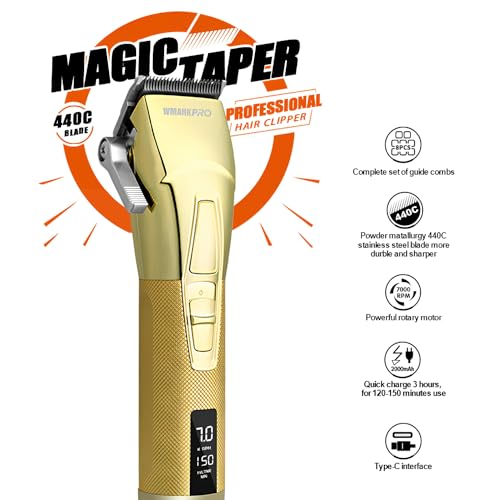 Image of WMARK NG-2036 Professional Zero Gapped Hair Clipper Self Sharpening Blade 6000 /7000 RPM 2 Speed Magnetic Motor Charging Adapter 8 Guide Comb Taper Lever Adjustment Runtime 120-150 min 2000 mAh, Gold